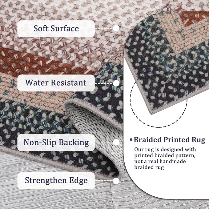 RUGSREAL Large Living Room Area Rug 10x13 Braided Washable Rug Non Slip Bedroom Throw Carpet Stain Resistant Dining Room Area Rug Braid Printed Farmhouse Accent Rug for Home Decor Office, Olive/Brown