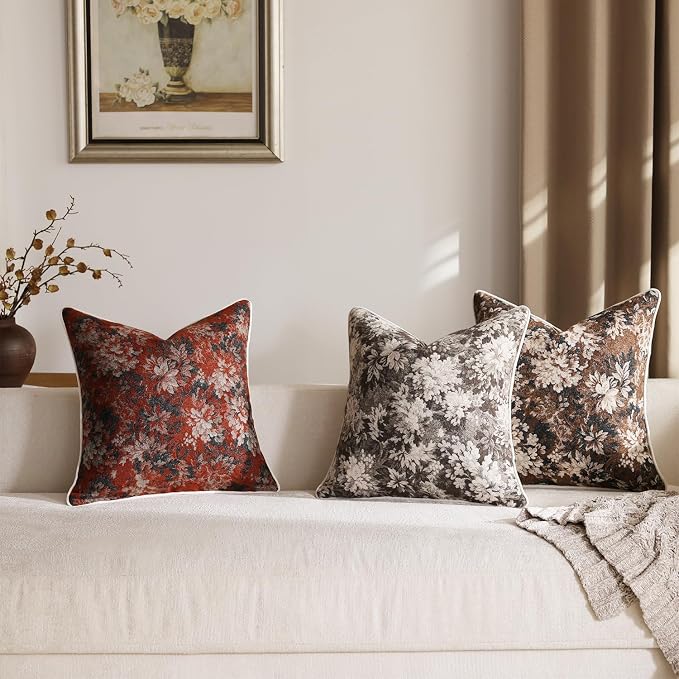 DEZENE Pack of 2 Vintage Floral Euro Sham Covers 24x24 Boho Farmhouse Accents Chenille Square Decorative Throw Pillow Cases for Living Room Couch Bed Home Decor, Dark Brown