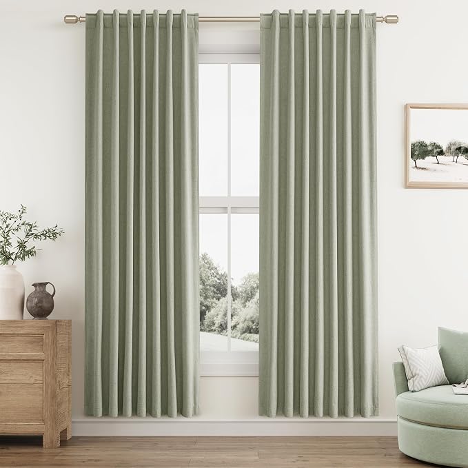 Sage Green 100% Blackout Linen Curtains 78 Inch Length 2 Panels Set for Living Room Bedroom Back Tab Thermal Insulated Black Out Drapes Room Darkening Farmhosue Window Curtains 78 Inches Long