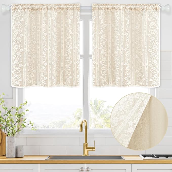 ASPMIZ Linen Kitchen Curtains 24 Inch Length, Double Layered Window Curtain 2 Panel Sets Rod Pocket Short Curtains for Kitchen, Farmhouse Window Treatment Tiers for Bathroom, Cafe, Beige