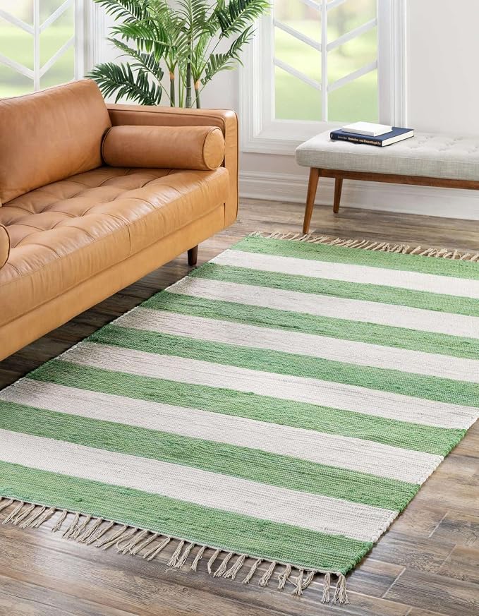 Unique Loom Chindi Rag Collection Area Rug - Striped (7' 10" x 10' Rectangle, Green and Ivory)