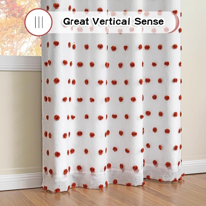 MYSKY HOME Boho Blackout Curtains 84 Inches Long for Bedroom 100% Room Darkening Curtain for Living Room Grommet Thermal Insulated Window Drapes with Terracotta Pom Pom Sheer 52W x 84L, 2 Panels