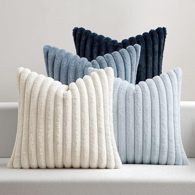 MIULEE Faux Fur Plush Decorative Throw Pillow Covers 20x20 Set of 4, Spring Modern Soft Fuzzy Coastal Striped Cushion Covers for Sofa Couch Bed Living Room Cozy Home Decor,Navy Blue