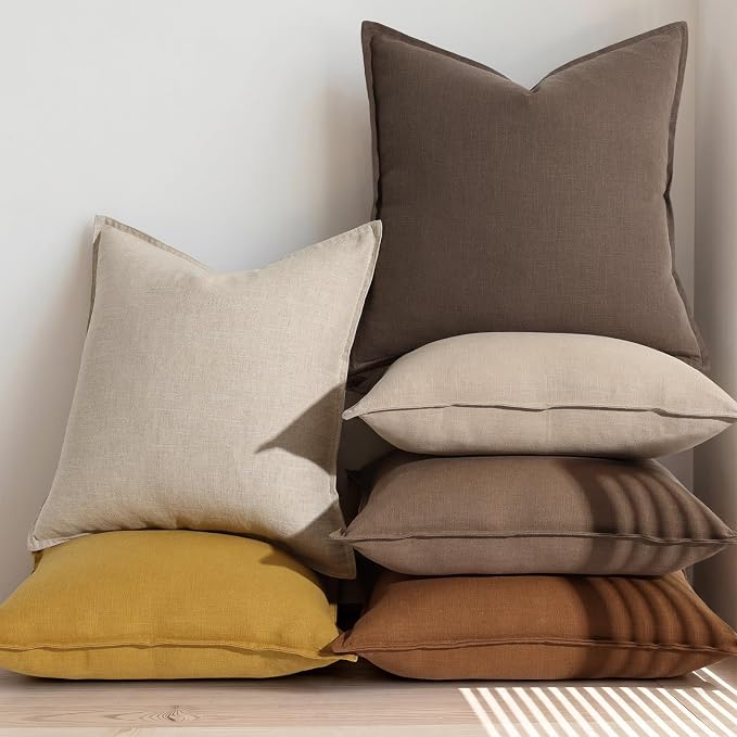 decorUhome Fall Natural Linen Throw Pillow Covers 16x16 Set of 2 | Decorative Soft Cozy Modern Farmhouse Boho Accent Pillow Cases with Flange Edges for Couch Bed Sofa Living Room Home Decor