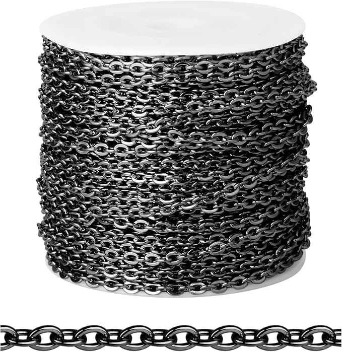 [66 FT] Black Cable Chains Bulk for Jewelry Making, 3mm 304 Stainless Steel Gunmetal Black Flat Cable Link Chains Roll Spool for Jewelry Making DIY Craft