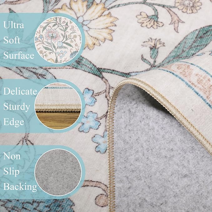 DUKINO 6x9 Area Rug Vintage Floral Washable Rugs for Living Room Cream Blue | Non Slip, Low Pile, Non-Shedding, Stain Resistant Soft Large Carpet for Bedroom Home Office Dining Room Farmhouse, Home Decor