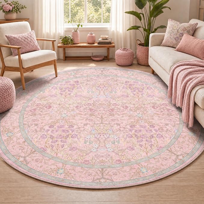 Lunasun Light Pink 6ft Round Rug for Living Room - Floral Circle Rug for Bedroom, Kids Room, Home Office, Washable Low Pile Non Slip, Pastel Green and Pink French Country Style Indoor Aesthetic Décor