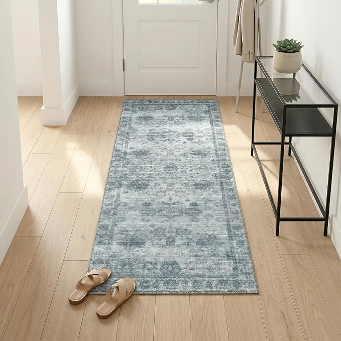 Homemate Washable Rug 2x6 Area Rugs - Vintage Faux Wool Rugs for Living Room Bedroom Dining Room - Non Slip Foldable Carpet Indoor Area Rug for Home Decor（2'x6', Blue