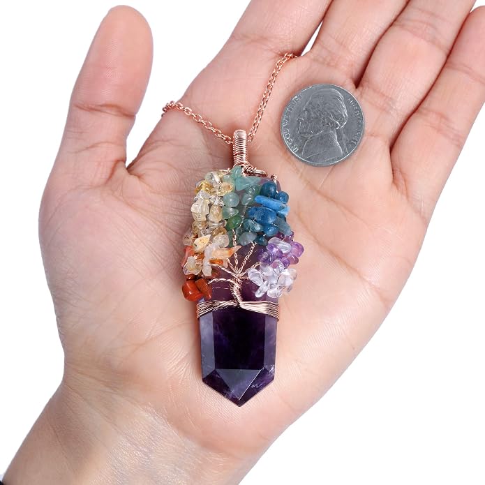 Natural 7 Chakra Stone Life Tree Pendant Necklace Reiki Healing Crystal Tumbled Stones Necklace Women Jewelry for Good Luck, Meditation, Protection, Energy Balancing, Gift