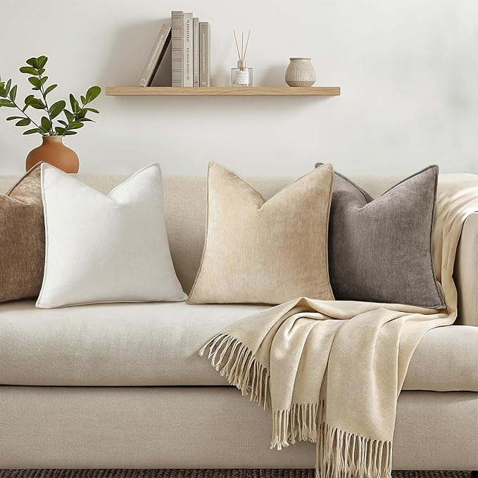 decorUhome Chenille Dark Grey Velvet Throw Pillow Covers 16x16 Set of 2 | Fall Soft Couch Decorative Modern Farmhouse Pillow Cases with Elegant Design for Sofa Bed Living Room Home Decor