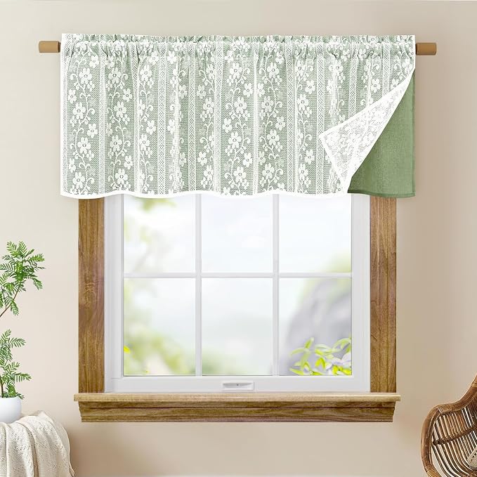 ASPMIZ Linen Valances for Windows Double Layer Valance Curtains with Lace Overlay, Sage Green Kitchen Curtains Light Filtering, Rod Pocket Window Valances for Living Room, Kitchen, Cafe, 52x18
