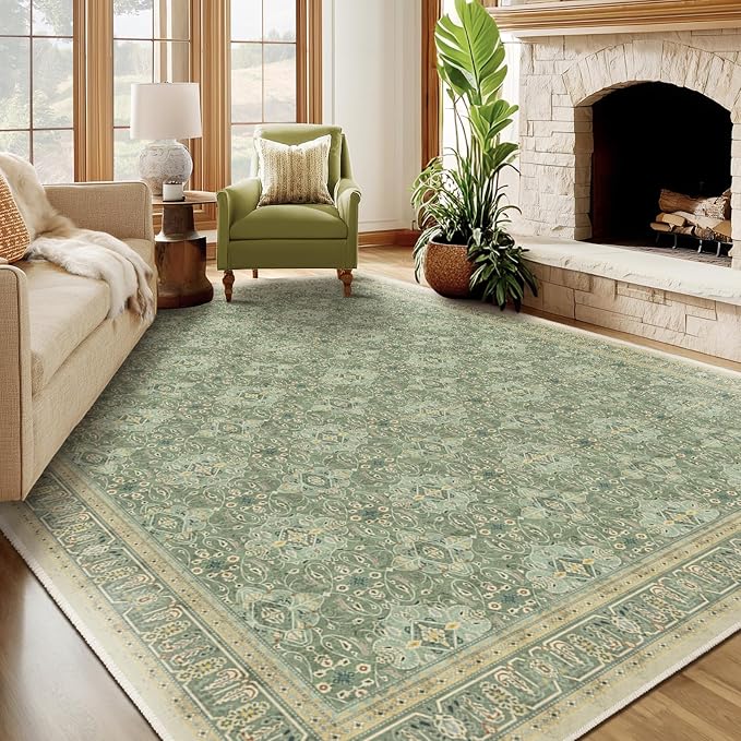 Sage Green Rugs 8x10, Washable Non Slip Area Rug for Living Room Bedroom Dining Room, Boho Floral Moroccan Pattern Printed Carpet Rug Low Pile Thin for Nursery Playroom Kids Room