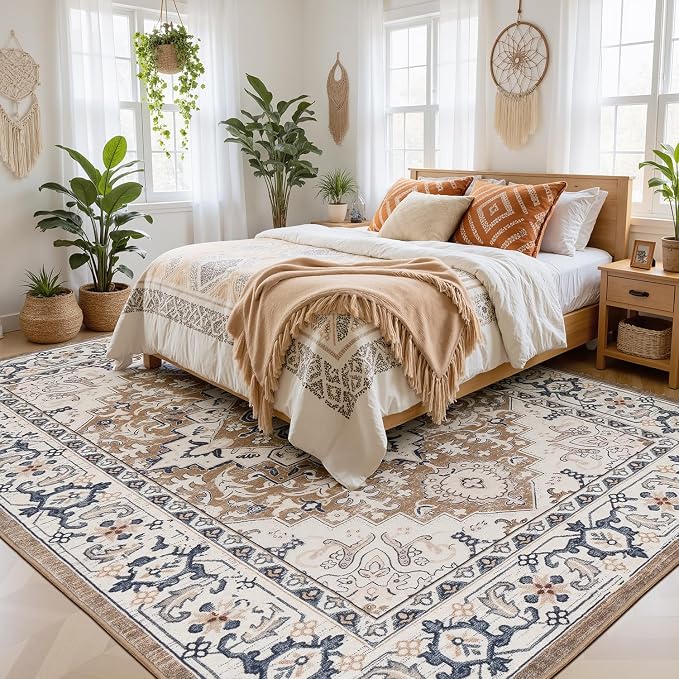 5x7 Washable Rugs, Area Rugs for Living Room, Bedroom, Kitchen, Vintage Boho Carpets, Soft Non-Slip Low Pile Large Area Rug for Dining Room Home Office Indoor Nursery, Brown Cream