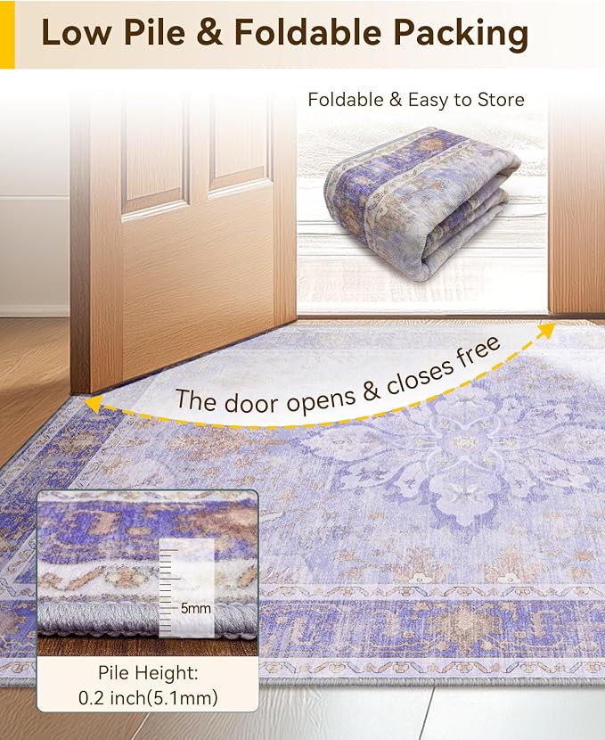 RELEANY Area Rugs Small 2'x3' Washable Non-Slip, Floral Vintage Distress Medallion Carpet for Kitchen Entryway Bathroom, Light Purple Brown