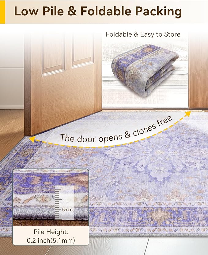 RELEANY Area Rugs 6'x9' Washable Non-Slip, Floral Vintage Distress Medallion Carpet for Living Room Bedroom Dining Room, Light Purple Brown