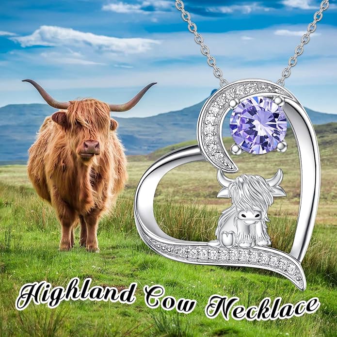 Highland Cow Gifts for Women 925 Sterling Silver Highland Cow Birthstone Necklace Fluffy Cow Jewelry Gifts Birthday Christmas
