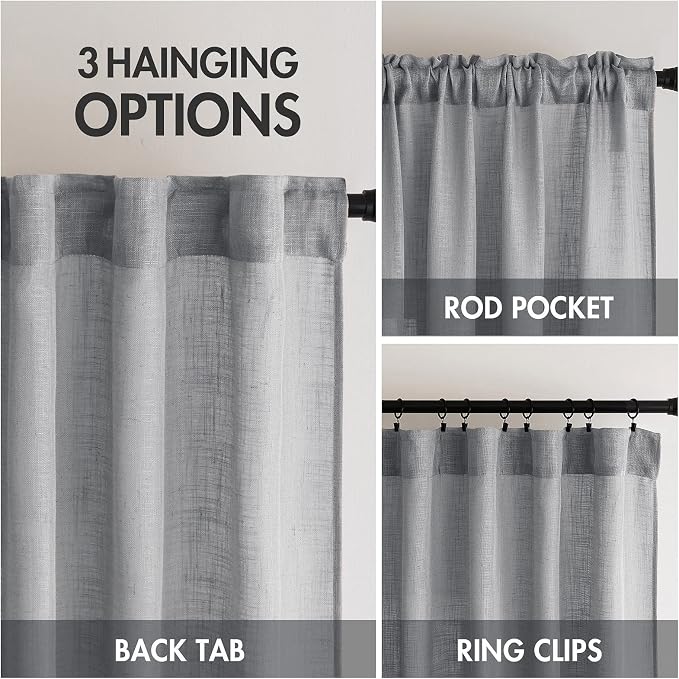 MIULEE Grey Linen Curtains 84 Inch Length for Bedroom Living Room, Soft Thick Linen Textured Window Drapes Gray Semi Sheer Light Filtering Rod Pocket Back Tab Burlap Look, 2 Panels, 37x84 Inches