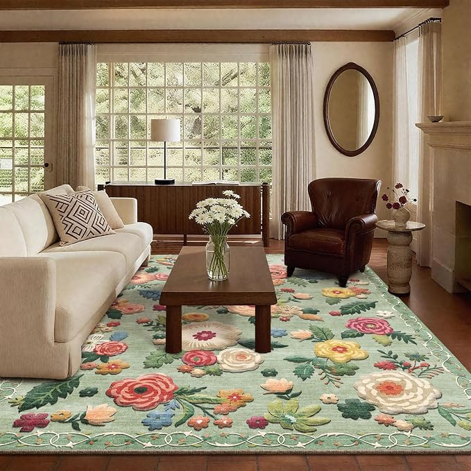 8x10 Area Rugs for Living Room: Washable Bedroom Rug Non Slip Low Pile Soft Faux Wool Non Shedding Lightweight Distressed Vintage Floral Large Carpet Rug for Dining Room Kids Playroom Farmhouse Office