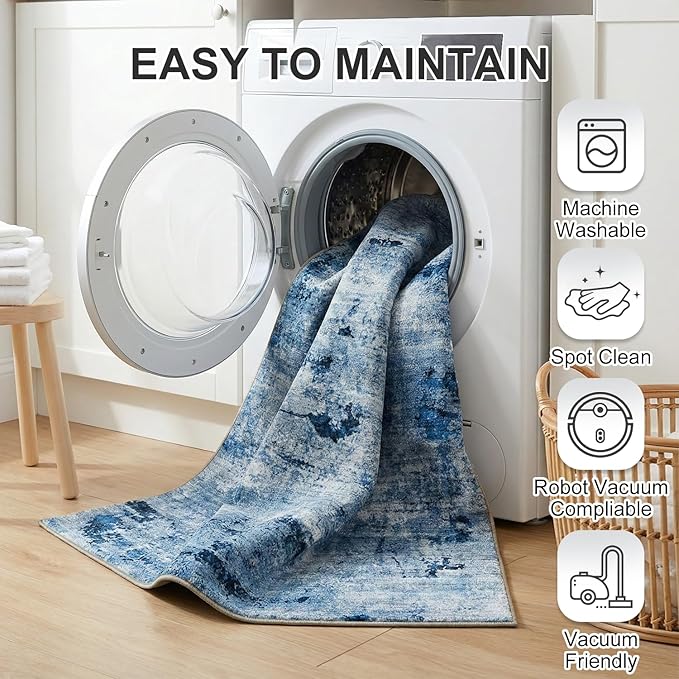 Washable Area Rug, Non-Slip Abstract Distressed Rugs, Ultra Soft 0.26" Low Pile Carpet for Entryway Bedroom Bedsides, Water-Resistant & Foldable, 3'x5', Blue
