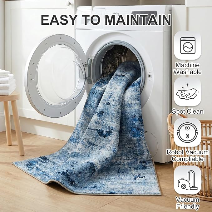 Washable Area Rugs, 0.26 Inch Low Pile Non Slip Abstract Rugs for Bedroom Study Room - Foldable Indoor Carpet, Pet Friendly Surface, Stain-Resistant & Water-Resistant, 5'x7', Blue