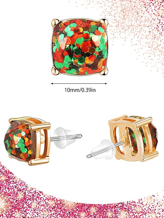 20 Pairs Druzy Stud Earrings for Women Glitter Stud Earring Princess Cut Cubic Zirconia Birthday Gifts for Women Mom Girlfriend(0.4 x 0.4 Inch,Square Style)