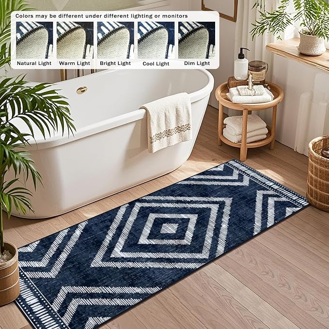 Boho Runner Rugs for Hallway 2x6ft Non Slip, Navy Blue Washable Kitchen Rug Runner, Soft Moroccan Low Pile Geometric Farmhouse Laundry Floor Carpet for Entryway Bedroom Bathroom