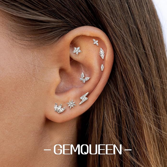 GEMQUEEN G23 Implant Grade Titanium 18G Internally Threaded Flat Back Earrings 5A CZ Studs: 14K Gold Hypoallergenic 3 Pcs Tragus Cartilage Conch Helix Piercing Jewelry for Sensitive Ears Women Men