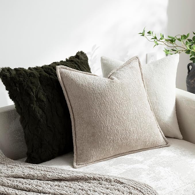 DEZENE Pack of 2 Tan Decorative Throw Pillow Covers 24x24 Cozy Soft Chenille Accent Vintage Square Couch Pillow Covers for Home Decor Bed Sofa Living Room