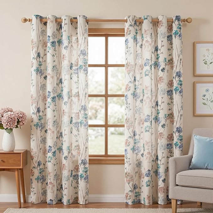 MYSKY HOME Floral Curtains for Living Room Linen Look Semi Sheer Vertical Light Filtering Privacy Drapes Decor Farmhouse Style Texture for Bedroom Dining Room, Brown, W52 x L84, Pack-2