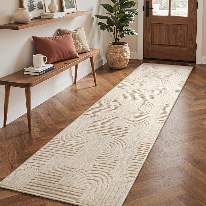 GENIMO Soft 2x10 Washable Runner Rug Non Slip, 3D Modern Arch Pattern Hallway Runner, High-Low Pile Textured Non Slip Fuzzy Carpet, Non-Shedding Stain Resistant Beige Rugs for Entryway Bedroom Laundry
