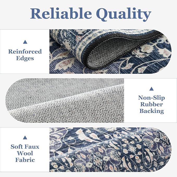 Dark Blue Area Rug 6x9, Boho Floral Moroccan Trellis Printed Transitional Style Rugs for Living Room Bedroom, Washable Non Slip Low Pile Thin Carpet Rug for Dining Room Guest Room Home Office