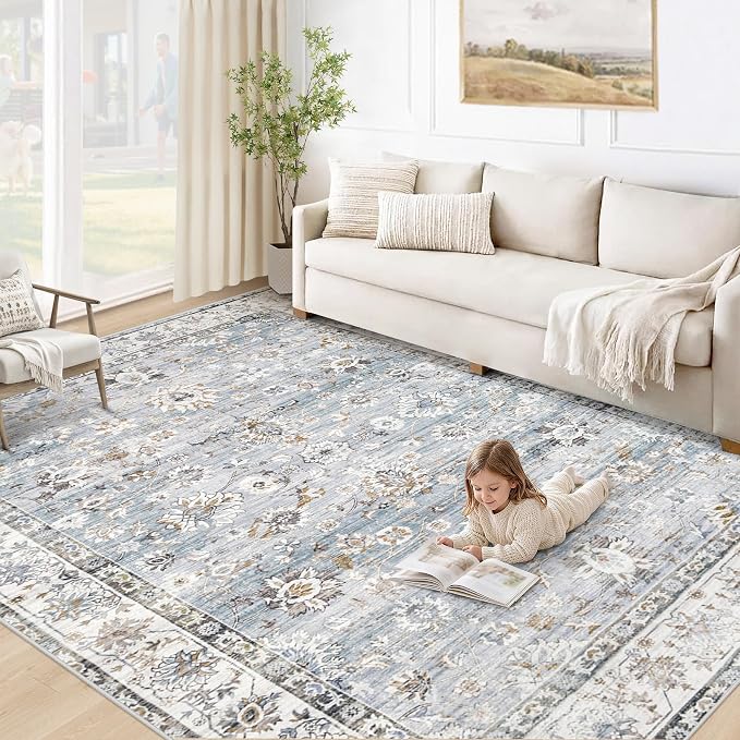 XLUEZ Area Rug 5x7 Living Room Rug, Machine Washable Vintage Distressed Boho Area Rug Non-Slip Soft Low Pile Large Indoor Rugs for Bedroom Kitchen Dining Room Office(Light Blue,5'x7')