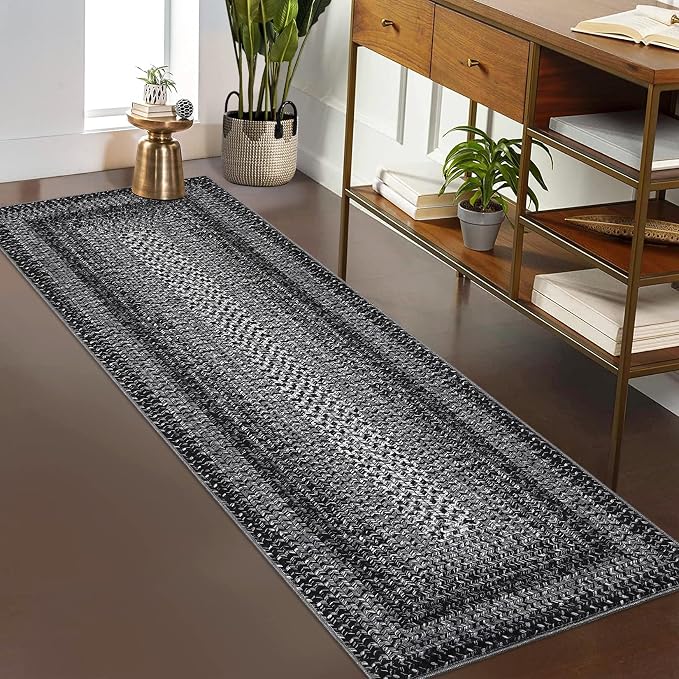 RUGSREAL Runner Rug for Hallway Kitchen Runner Rug 2x10, Machine Washable Long Runner Throw Carpet with Rubber Backing, Stain Resistant Braided Printed Entryway Carpet for Bedroom Living Room, Black