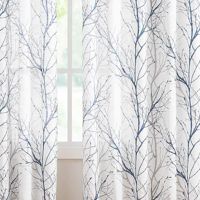 FMFUNCTEX Blue White Curtains 50" X 45" for Kitchen Living Room Tree Branch Print Wrinkle- Free Small Linen Texture Semi Sheer Window Panels for Bedroom 2 Panels, Grommet Top | Short Sheer Branch Patterned Drapes, Light Filtering Grommet Panels for Kit...