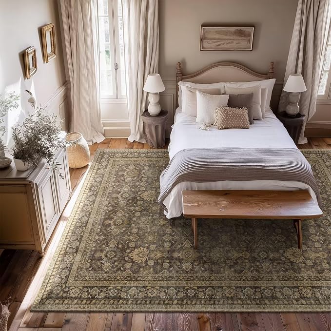 Boho Washable 6x9 Area Rugs for Living Room, Cushioned, Deep Brown | Vintage Non-slip Neutral Oriental Rugs for Bedroom Dining Room Nursery Office High Traffic Area