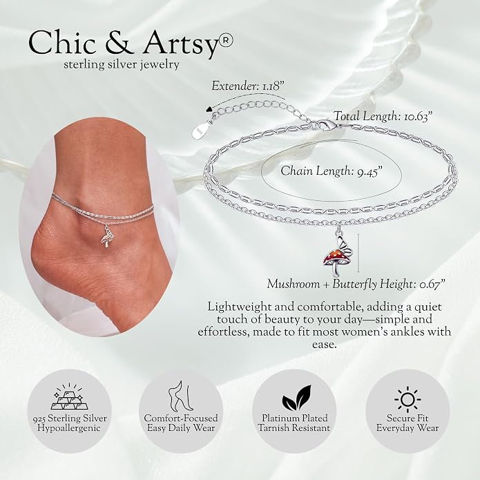 CHIC & ARTSY 925 Sterling Silver Ankle Bracelets for Women, Adjustable Layered Foot Chains with Nature & Symbol Charms, Lightweight Comfort Fit Boho Beach Everyday Jewelry