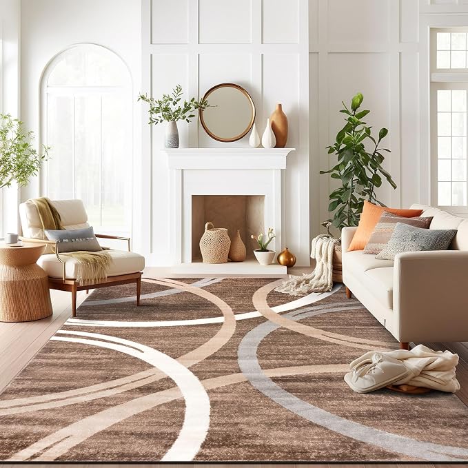 Rugshop Wavy Circles Modern Fade-Resistant Area Rug Brown 12' x 15'