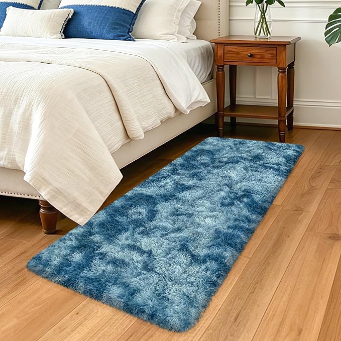2x5 Feet Soft Fluffy Blue Runner Rug for Bedroom Living Room, Washable Plush Shag Carpet for Nursery Dorm, Fuzzy Bedside Rug for Kids Girls Room, Aesthetic Home Decor