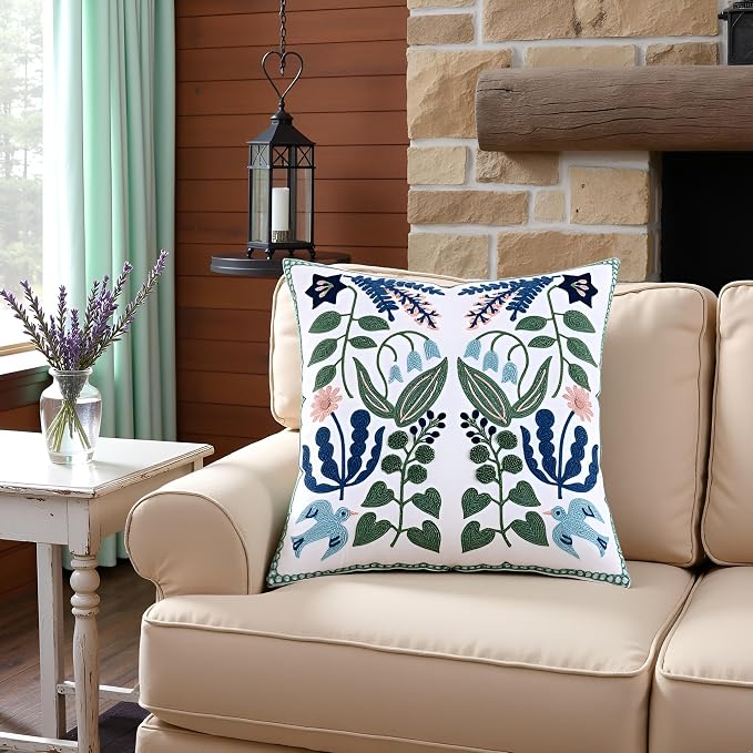Embroidered Throw Pillow Covers 16x16 Pack of 2 Green Leaves with Birds Floral Tufted Pillowcases Summer Decor Coastal Pillow Cushion Cases Square Navy Blue Flower Pillow Case