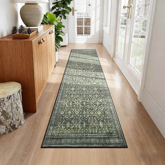 Lofus 2'6"x12' Area Rug for Hallways,Green Washable Runner Rugs with Non Slip Rubber Backing, Low Pile Soft Carpet Runner for Kitchen Bathroom Bedroom Laundry