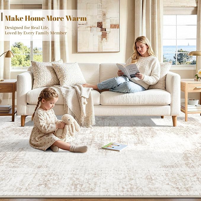 5X7 Area Rugs for Living Room, Washable Rugs Beige Vintage Medallion Non-Slip Soft Low Pile Rug Large Indoor Retro Carpet for Bedroom Dining Room Home Office Nursery Room(Beige,5'x7')