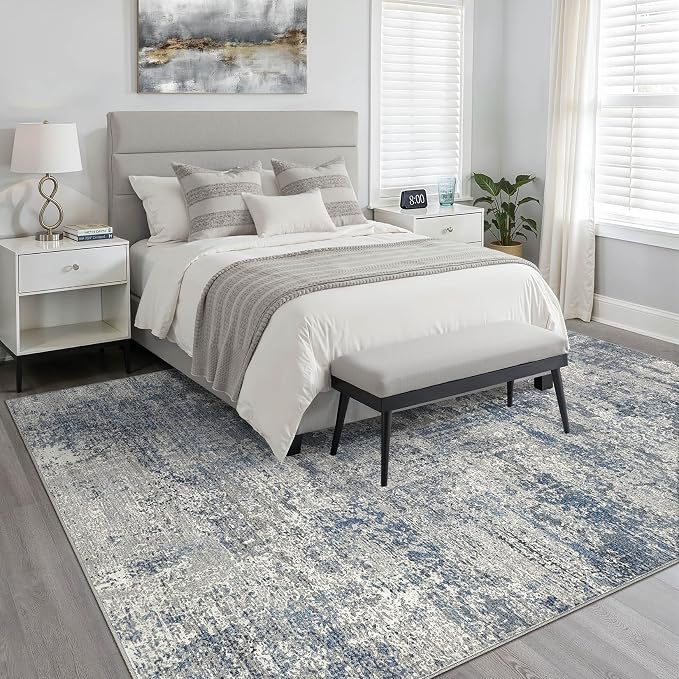 6x9 Area Rugs Living Room: Washable Large Neutral Rug Abstract Soft Modern Stain Resistant Indoor Floor Non-Slip Carpet for Bedroom Nursery Kids Office Playroom Dining Room Under Table- Blue Gray
