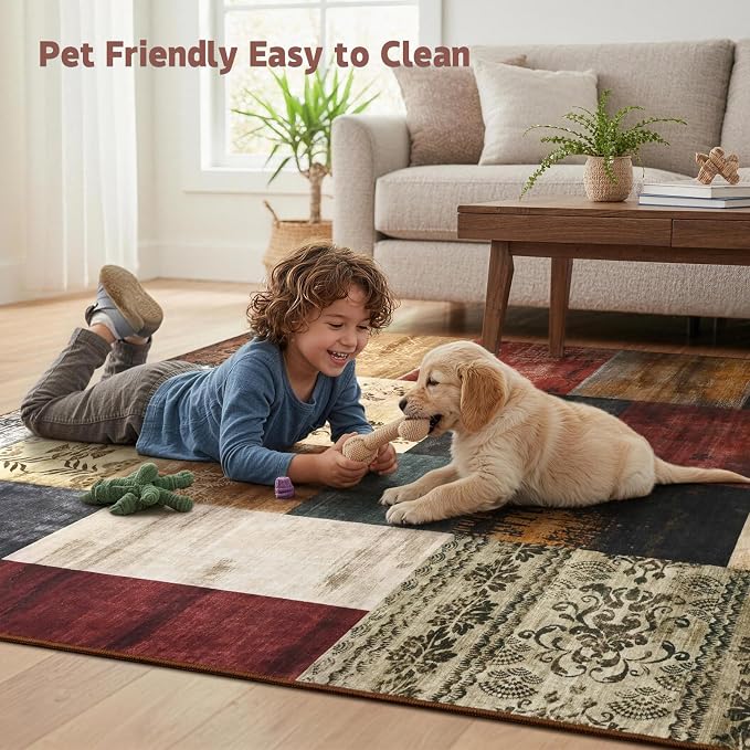 DweIke Washable Area Rugs 9x12 for Living Room, Large Modern Geometric Colorful Soft Patchwork Carpet, Non-Slip Stain Resistant Throw Rug for Bedroom Dining Room Office Home Decor