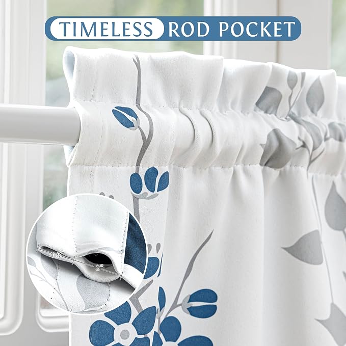 Beauoop Floral Valance Curtains for Kitchen Blue Grey 52X18 Inch 1 Panel | Flower Patterned Blue White Blackout Short Curtains for Living Room Bedroom Cafe Thermal Small Window Curtains Rod Pocket