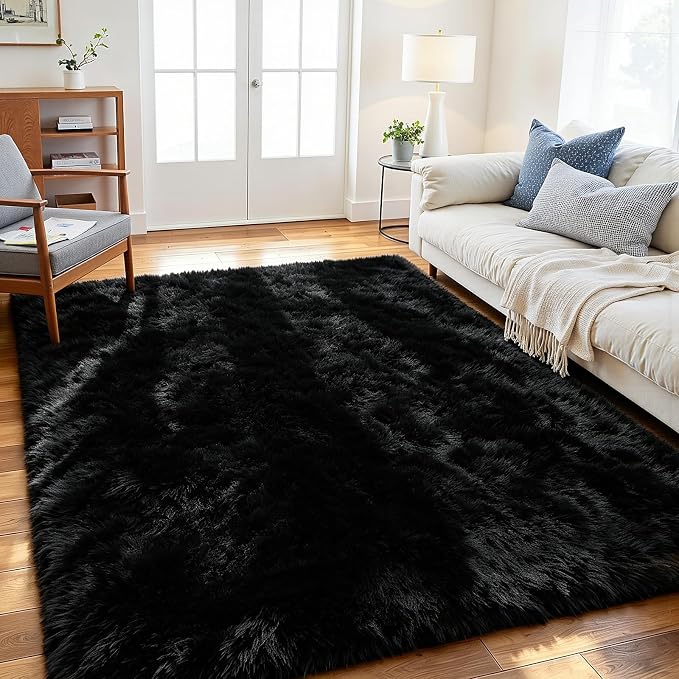 4x6 Area Rug for Living Room, Ultra Soft Fluffy Black Rugs for Bedroom, Non Slip Large Shag Carpet, Fuzzy Plush Nursery Rug, Thick Washable Indoor Floor Carpets for Kids Office Dorm Home Decor