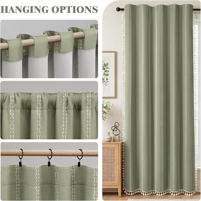 Green Boho Blackout Curtains 2 Panels 84 Inch for Living Room Bedroom, Linen Texture Farmhouse Curtains with Tassels and White Cotton Embroidery Vintage