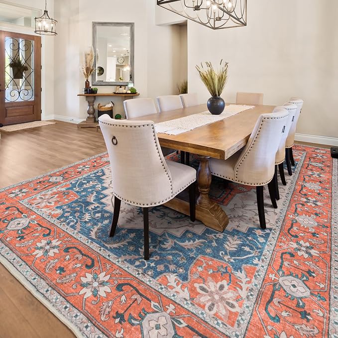 Lessymo 8 x 10 Area Rugs for Living Room- Machine Washable Area Rugs Boho Faux Wool Low Pile Area Rug for Bedroom Floral Medallion Vintage Rugs with Non-Slip Rubber, Tangerine Blue