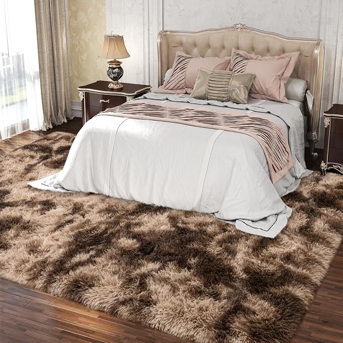 Dssimo Brown Rug for Bedroom Living Room, 4x6 Soft Shaggy Area Rugs | Plush Furry Non-Slip Brown and Cream Rug for Nursery Kids Room Dorm Room Home Decor, Indoor Plush Floor Carpet