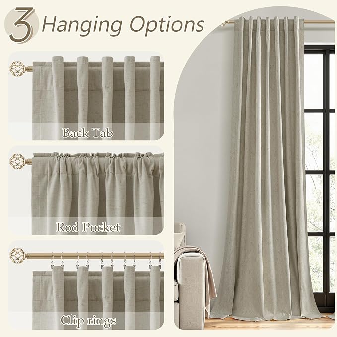 Guken Extra Long 100% Blackout Linen Curtains for Bedroom 102 inches Long, Thermal Insulated Room Darkening Black Out Window Drapes for Living Room, Back Tab Rod Pocket 2 Panels Set,Grey Flax,52x102