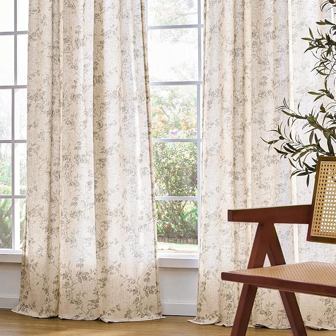 Lazzzy Farmhouse Linen Curtains Gray Floral Curtains 96 Inch Long Back Tab Drapes for Living Room Bedroom Light Filtering Country Vintage Rod Pocket Curtain, 2 Panels, Grey on Beige